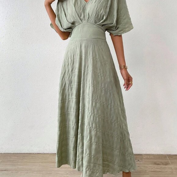 Mint Green Casual Women's Solid Batwing Sleeve A-line Dress - Picture 5 of 5